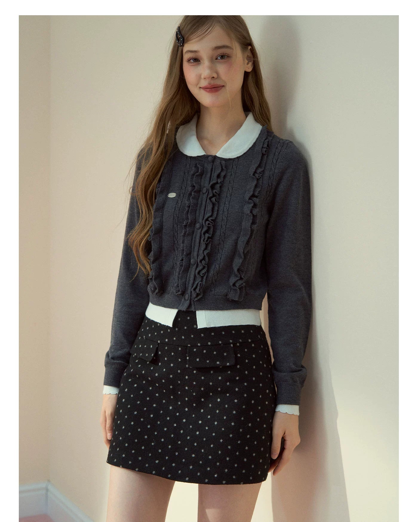 Grey Ruffle Collar Knit Cardigan