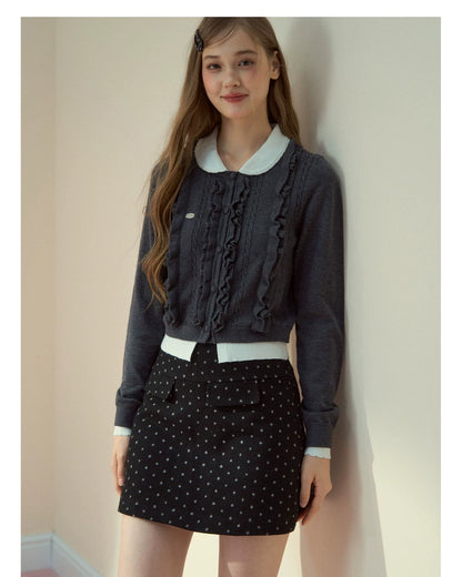 Grey Ruffle Collar Knit Cardigan