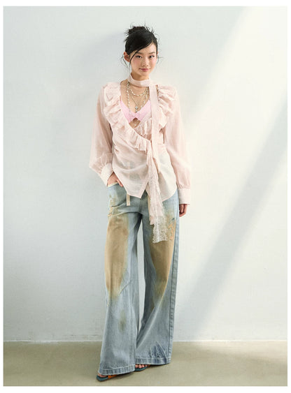 Lace Ruffle Tie Blouse