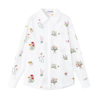 Floral Embroidered Lace Panel Shirt &amp; Mini Skirt Set