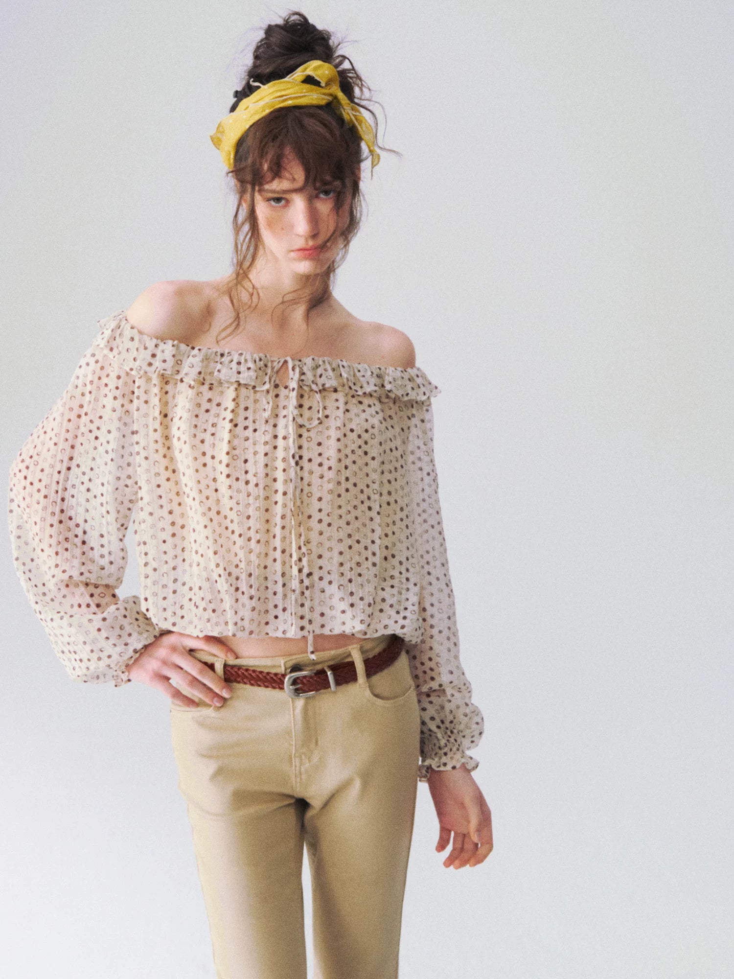 French Polka Dot Off-Shoulder Ruffle Blouse