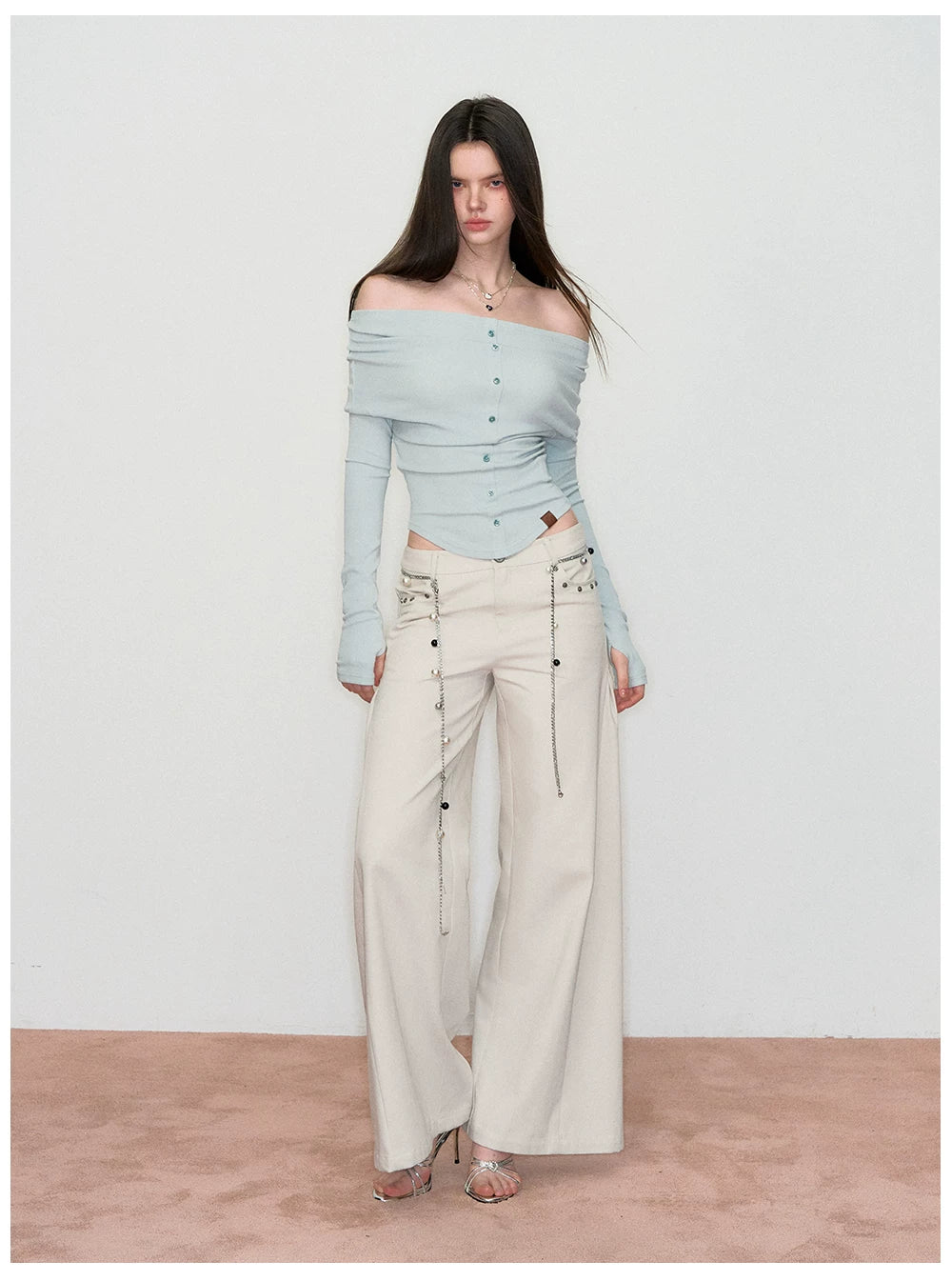 Wave-Embroidered Wide-Leg Straight Pants