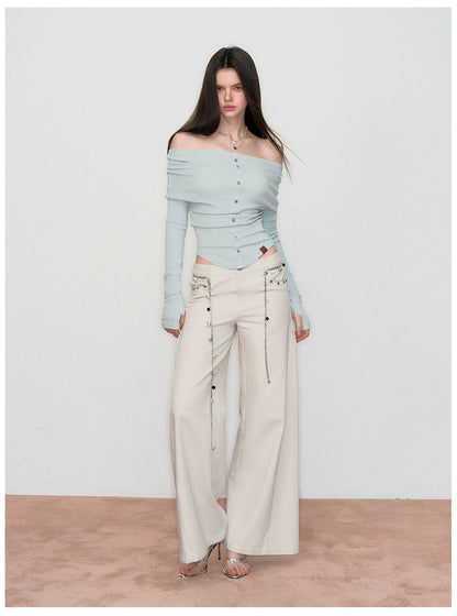 Wave-Embroidered Wide-Leg Straight Pants