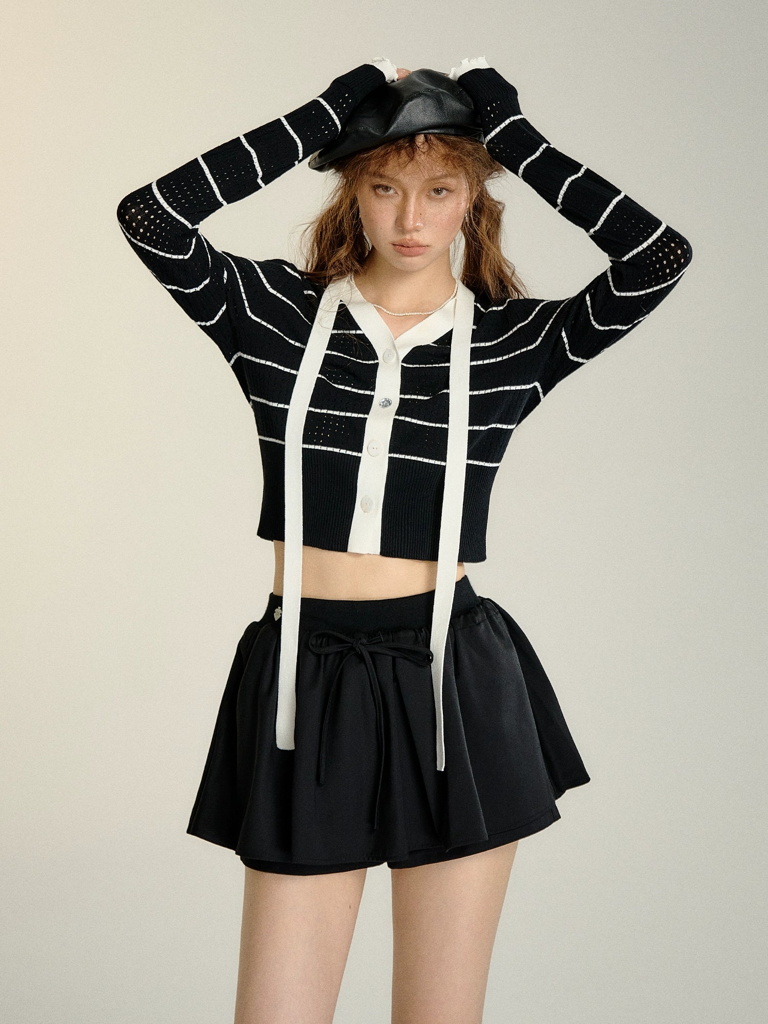 Black &amp; White Striped Ribbon Detail Cardigan