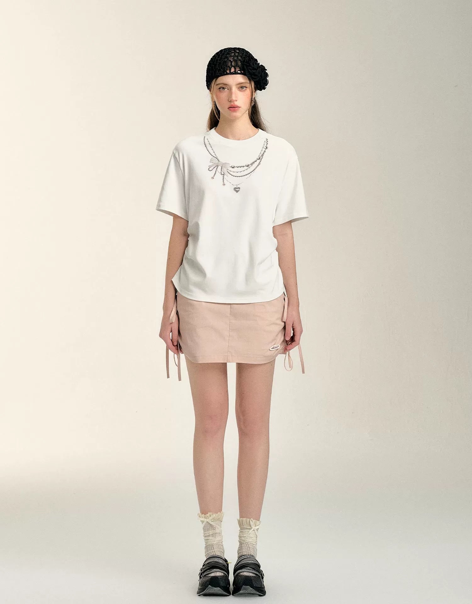 Pearl Necklace Print Drawstring T-shirt