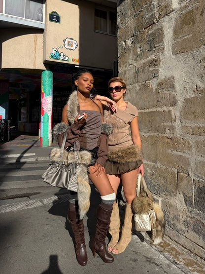 Faux Fox-Trim Structured Tote Bag