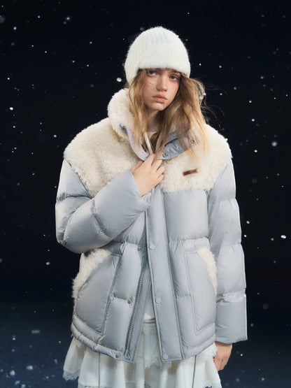 Shearling-Panel Stand-Collar Down Jacket
