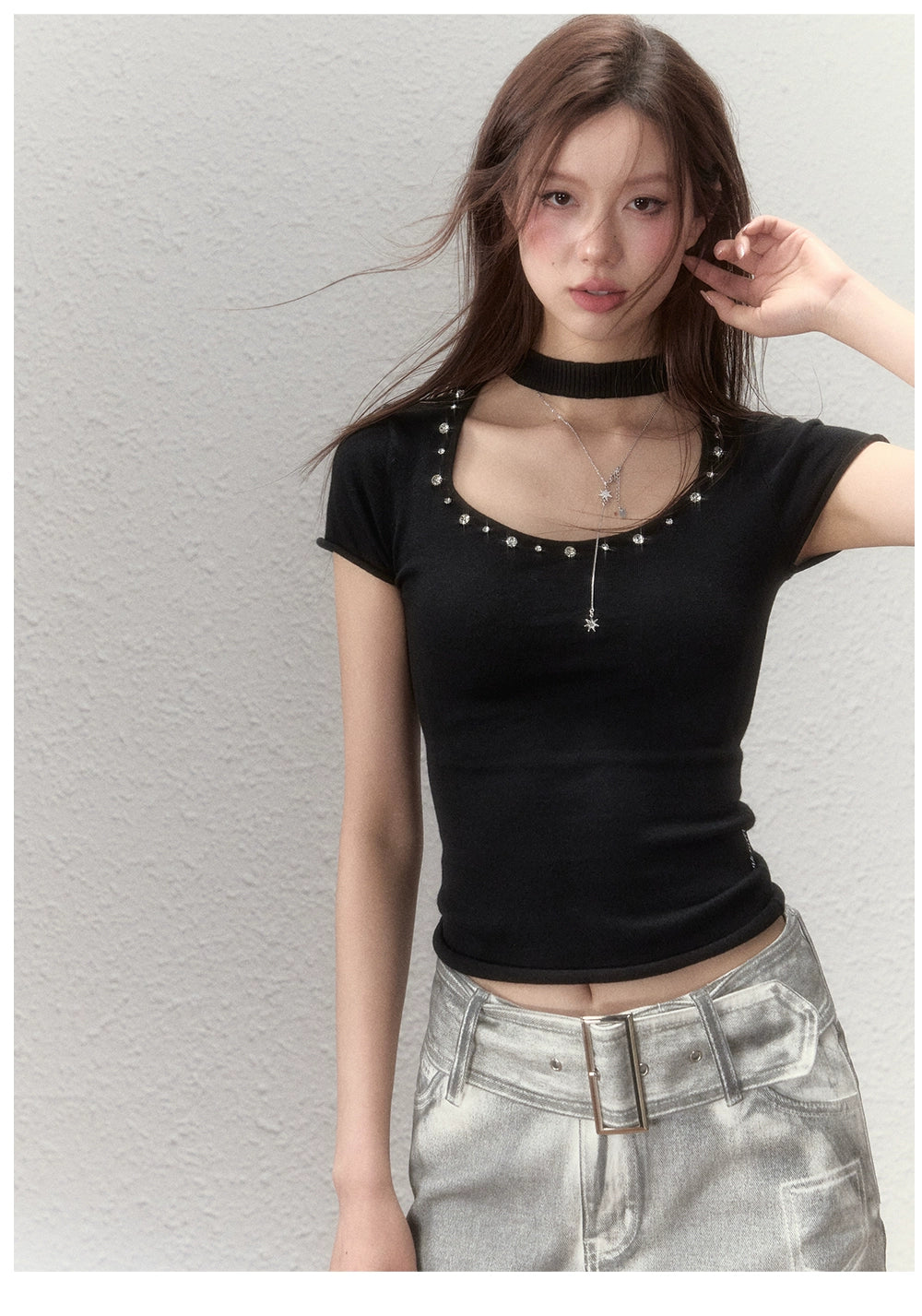 Choker Collar Rhinestone Knit T-Shirt - CHINASQUAD