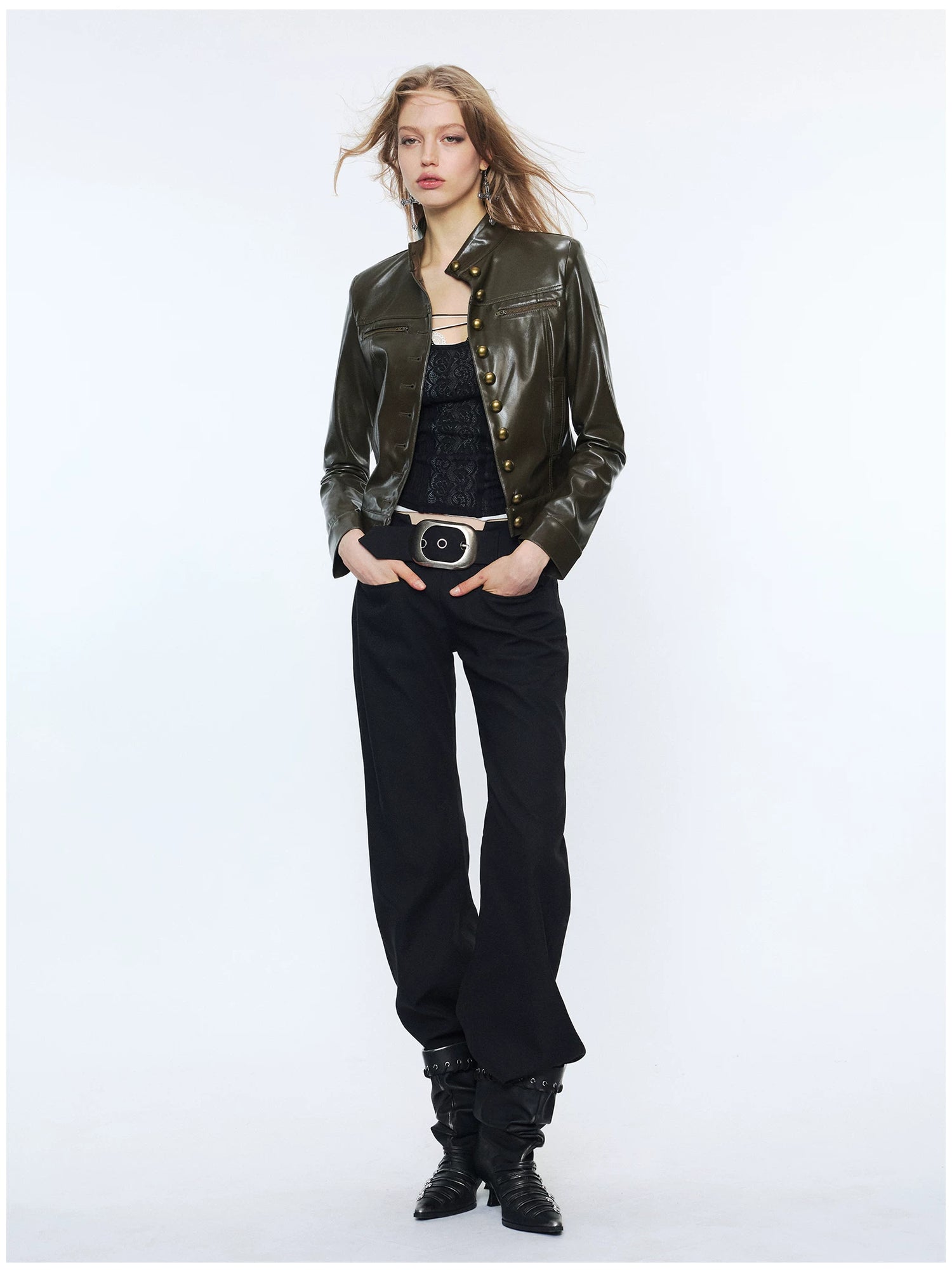 Punk Metal Button Waist-Cinched Faux Leather Jacket