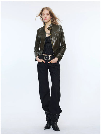 Punk Metal Button Waist-Cinched Faux Leather Jacket