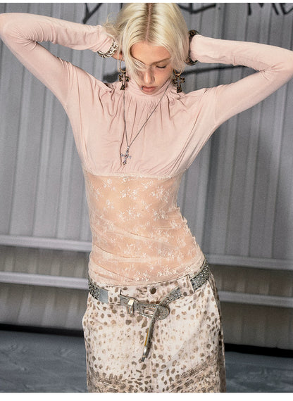 Lace Ruched Mock-Neck Long-Sleeve Base layer