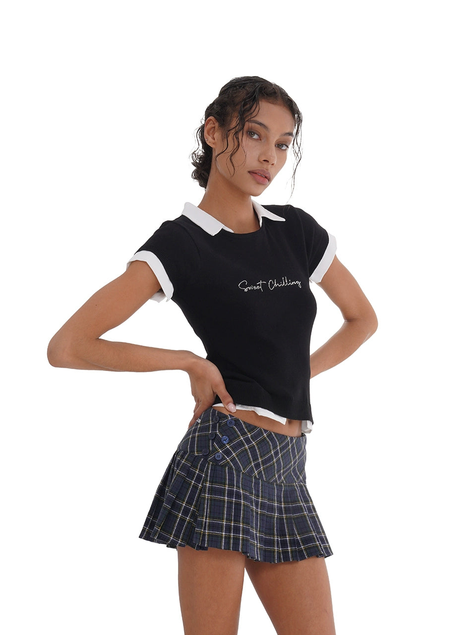 &quot;Punk Star&quot;  Blue Plaid Pleated Skirt