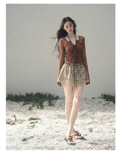 Soft Sand Ruched Tie-Front Cardigan