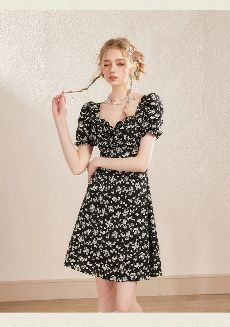 Black Floral Puff Sleeve Dress