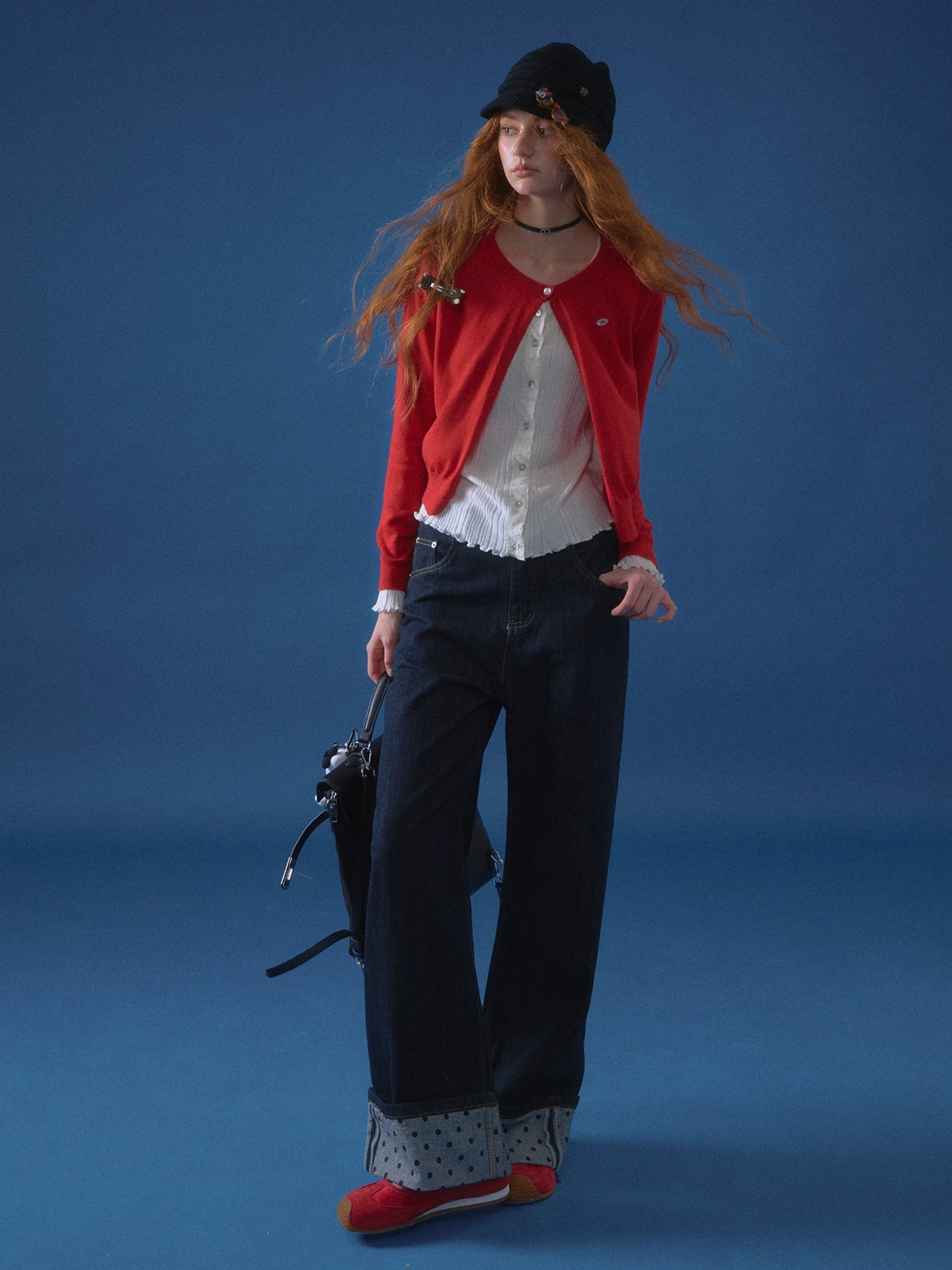 Contrast Cuff Polka Dot Denim Straight-Leg Jeans