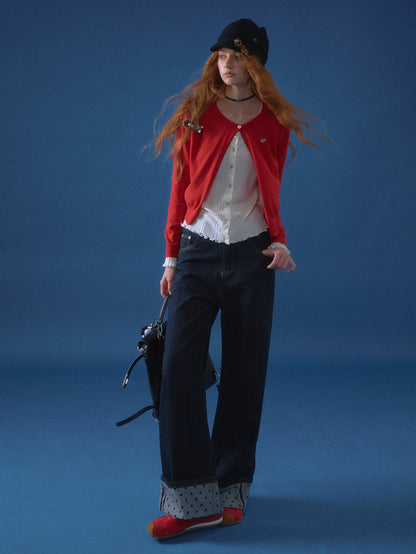 Contrast Cuff Polka Dot Denim Straight-Leg Jeans