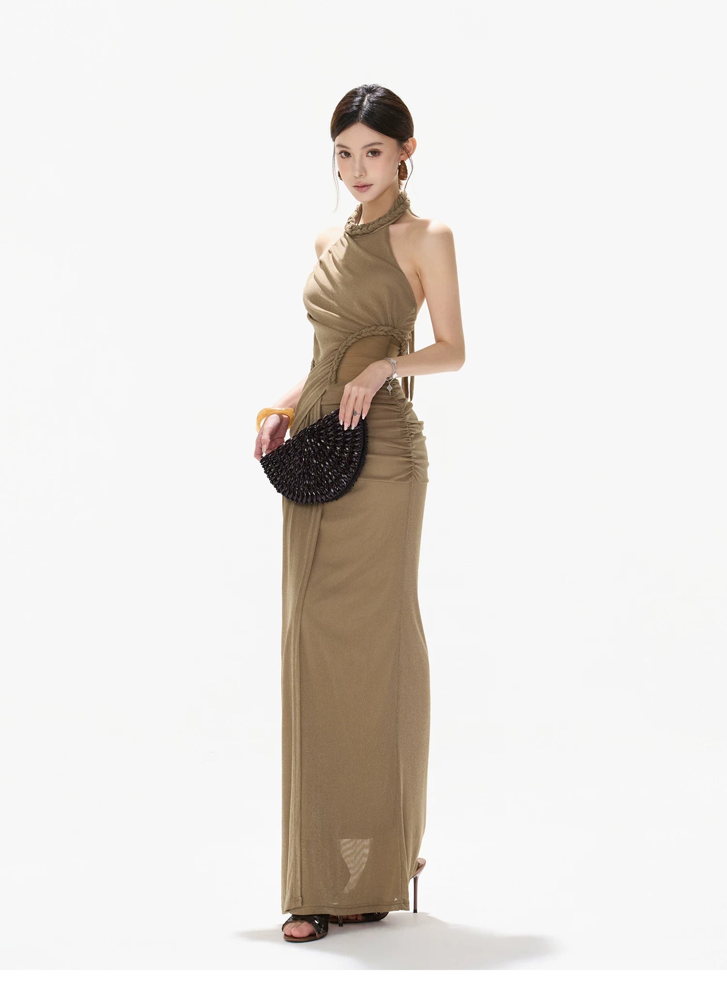 Elegant Ruched Mesh Halter Evening Dress
