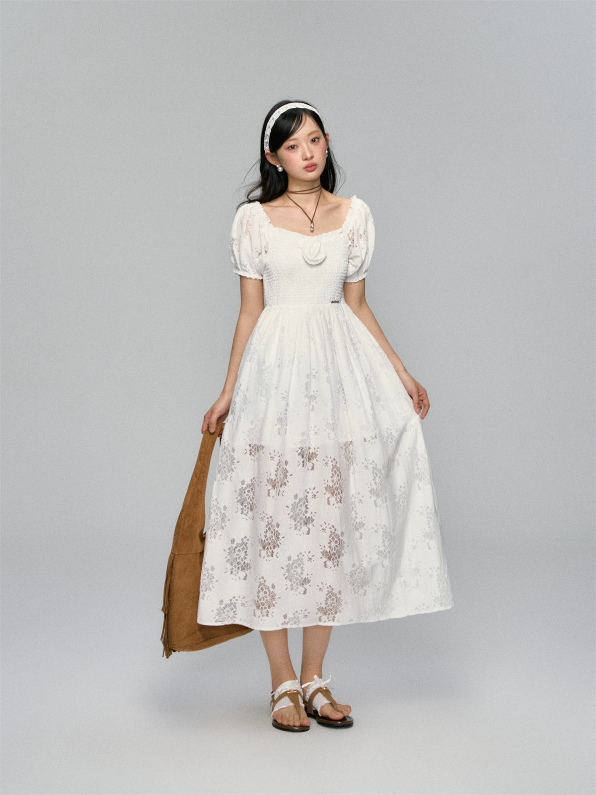 Puff-Sleeve Flower Hollowed Dress