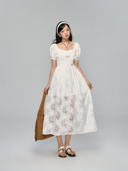 Puff-Sleeve Flower Hollowed Dress