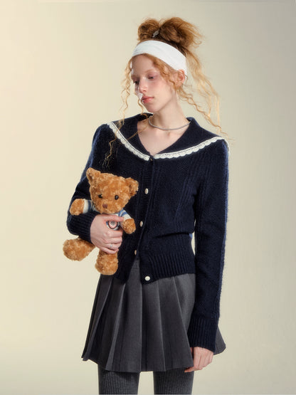 Sailor Collar Lace Trim Knitted Cardigan 