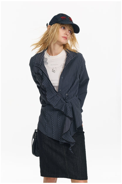 Embroidered Plaid Ruffle-Edge Shirt