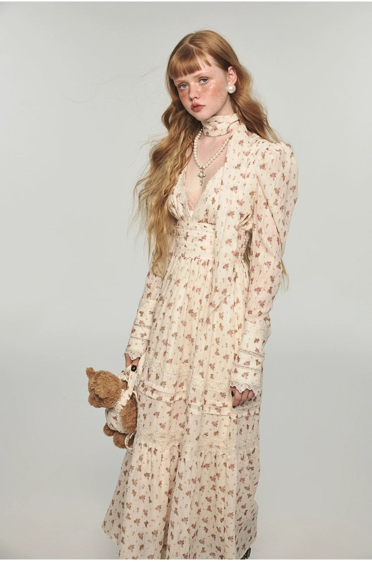 Bear Floral Lace Waist-cinching V-neck Midi Dress - CHINASQUAD