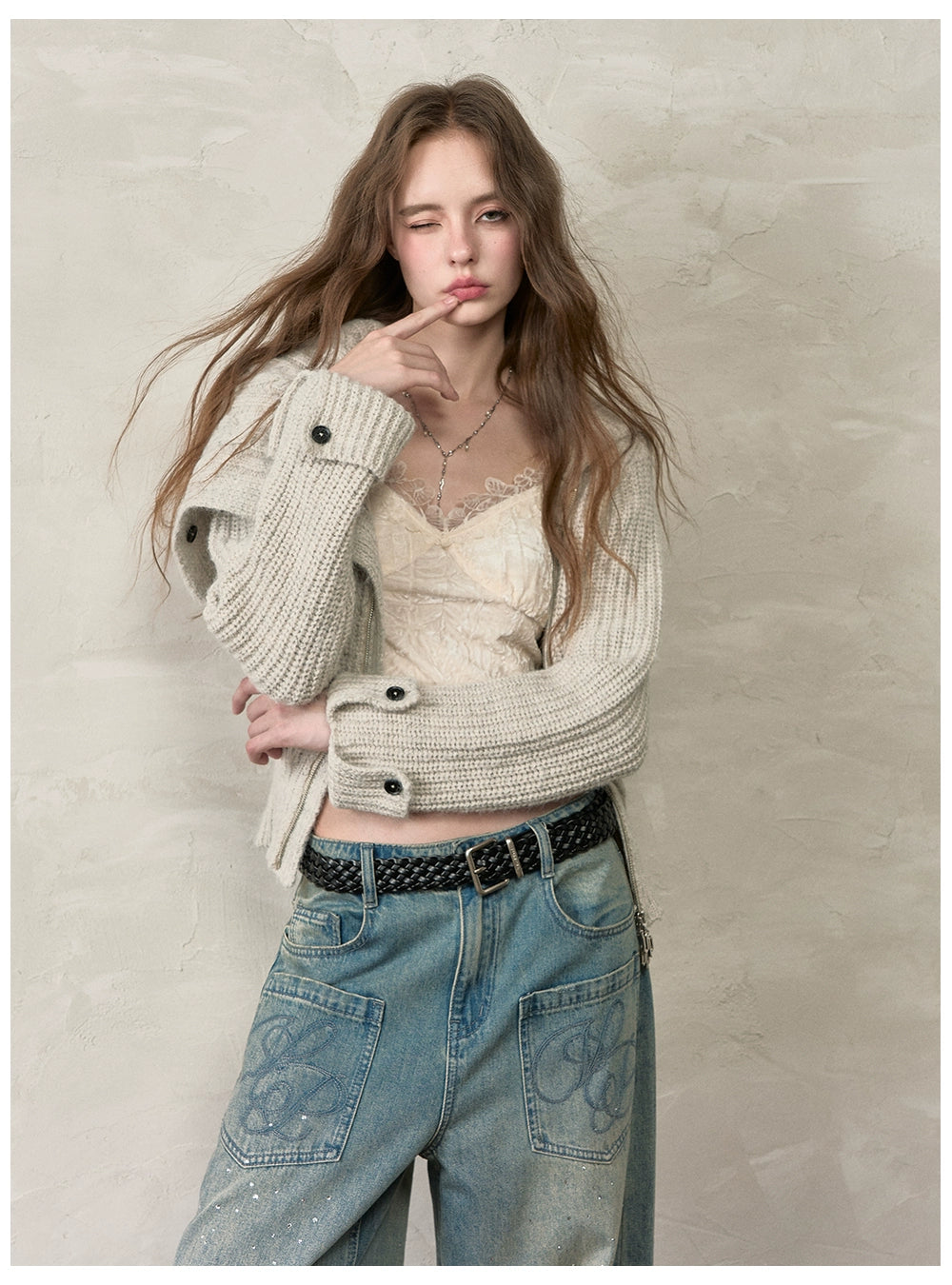 Oversized Lapel Asymmetrical Zip Knit Cardigan