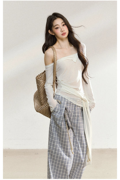 Relaxed Plaid Cotton Wide-Leg Trousers
