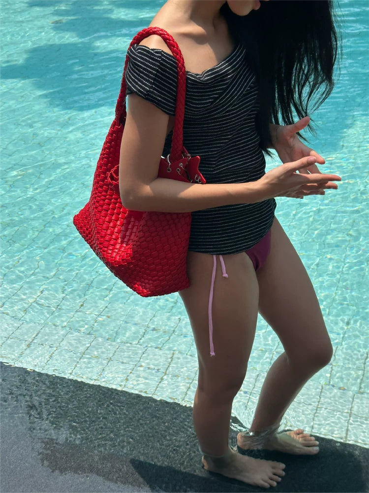 Medium Woven Tote Shoulder Bag ECODAY