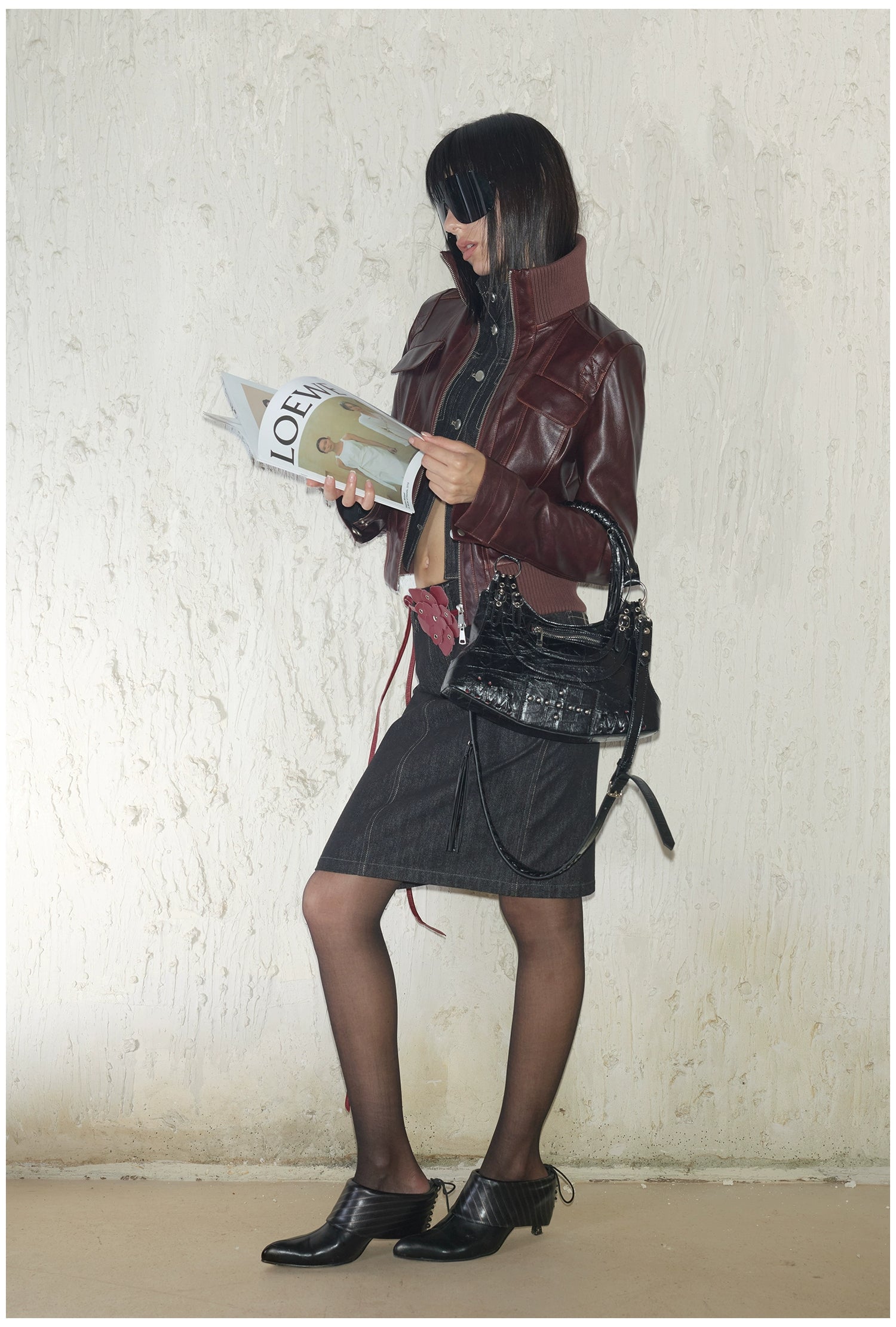 Distressed Cropped Biker Leather Jacket
