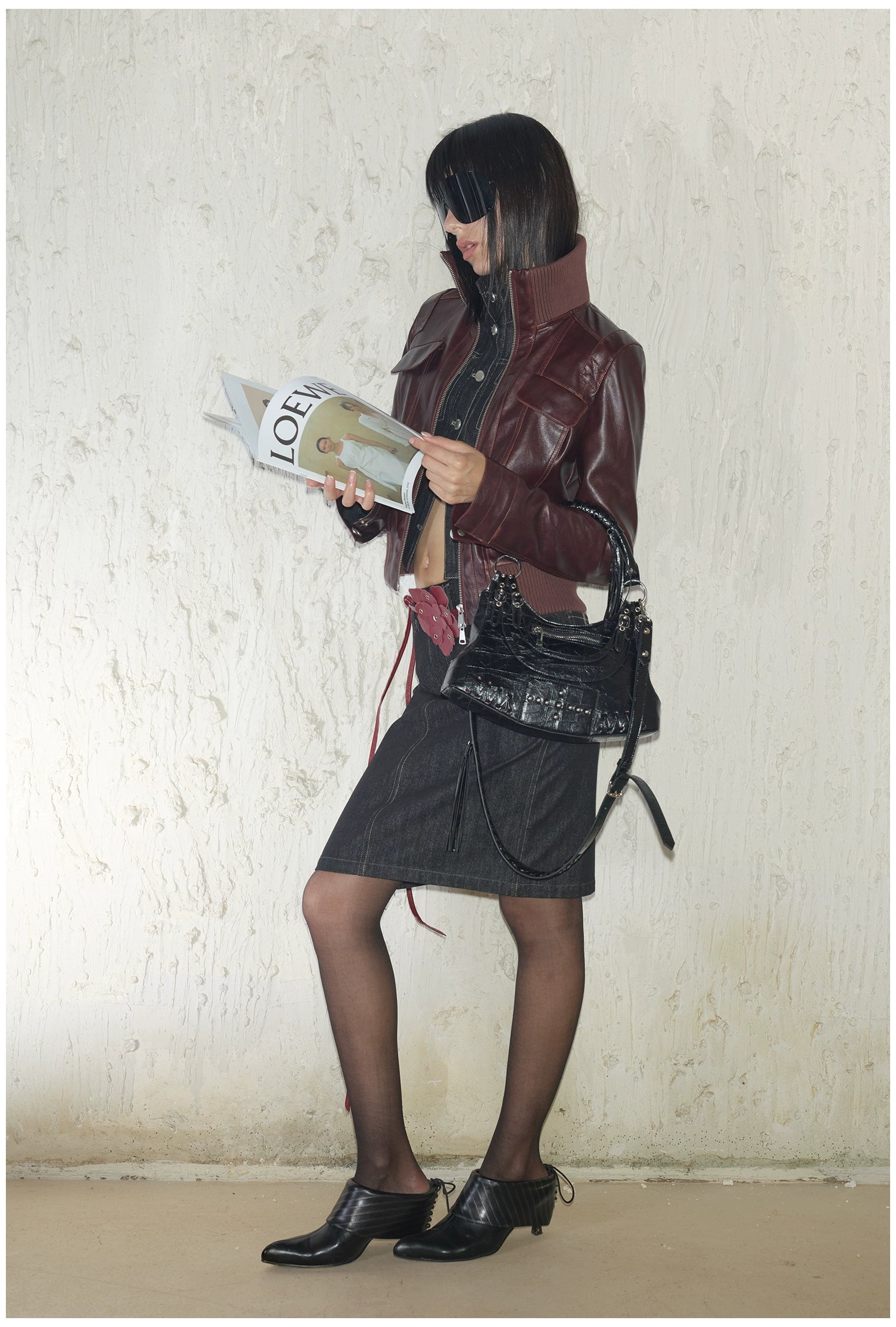 Distressed Cropped Biker Leather Jacket