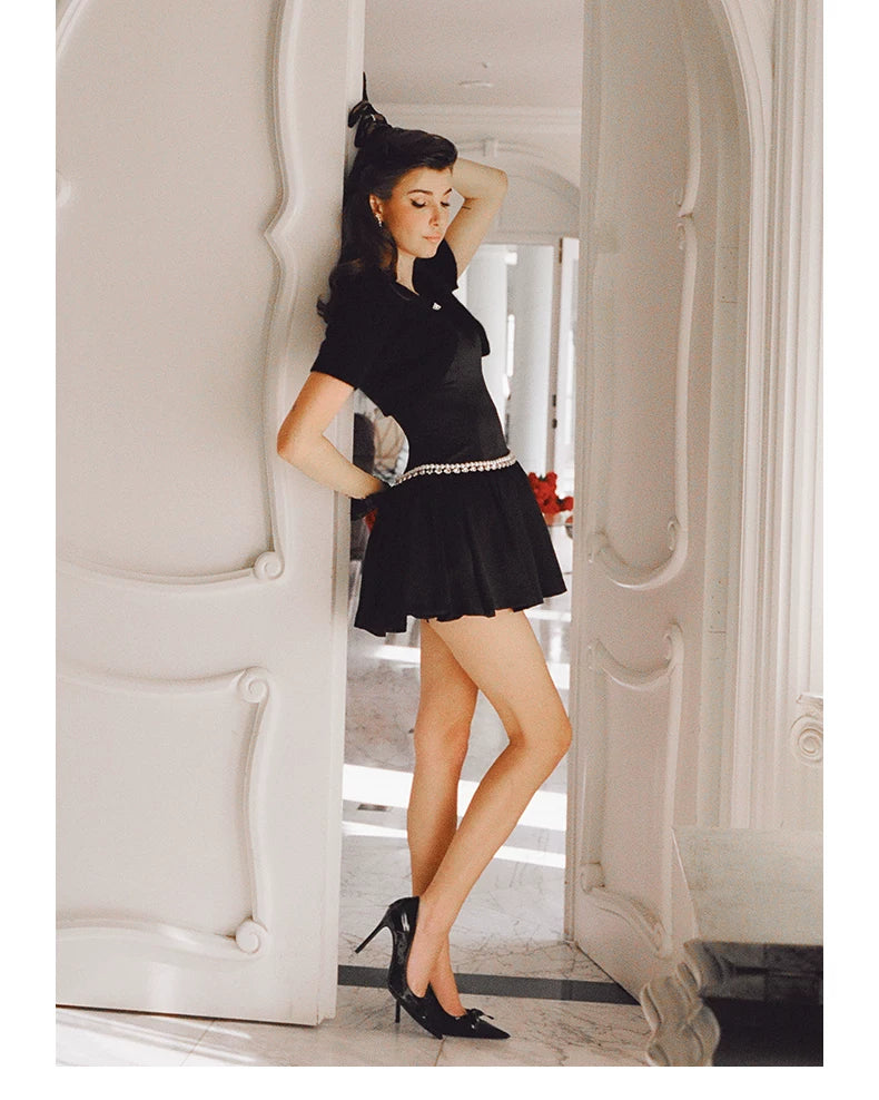 Pearl-Embellished Strappy Fit-and-Flare Mini Dress