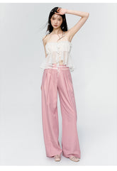 Pink & Grey High-waist Satin Ribbon Trousers - CHINASQUAD