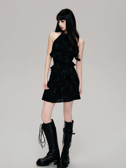 Textured Cut-Out Floral Halter Mini Dress