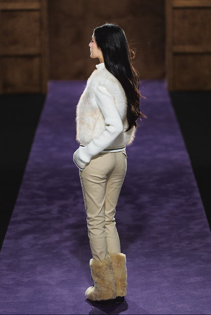 Faux Fur Knit-Panel Two-in-One Cardigan