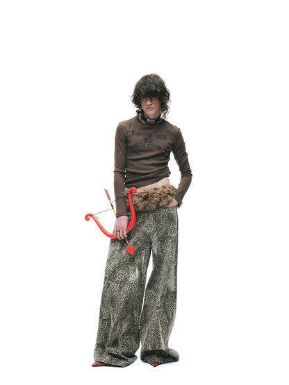 Vintage Washed Leopard Print Oversized Denim Jeans