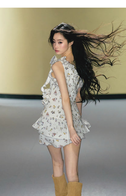 Wild Rose One-Shoulder Floral Top &amp; Layered Mini Skirt Set