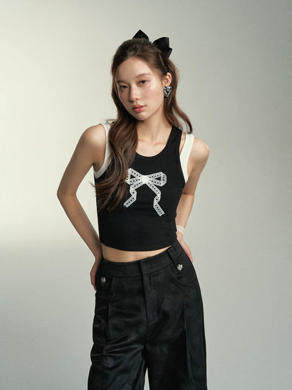 Black Lace Bow Printed Crop Top - CHINASQUAD