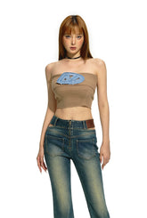 Knitted Denim Embroidered Bandeau Top - CHINASQUAD