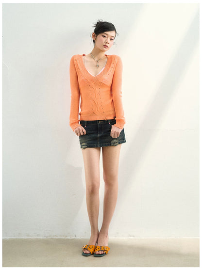 Distressed Openwork V-Neck Knit Top