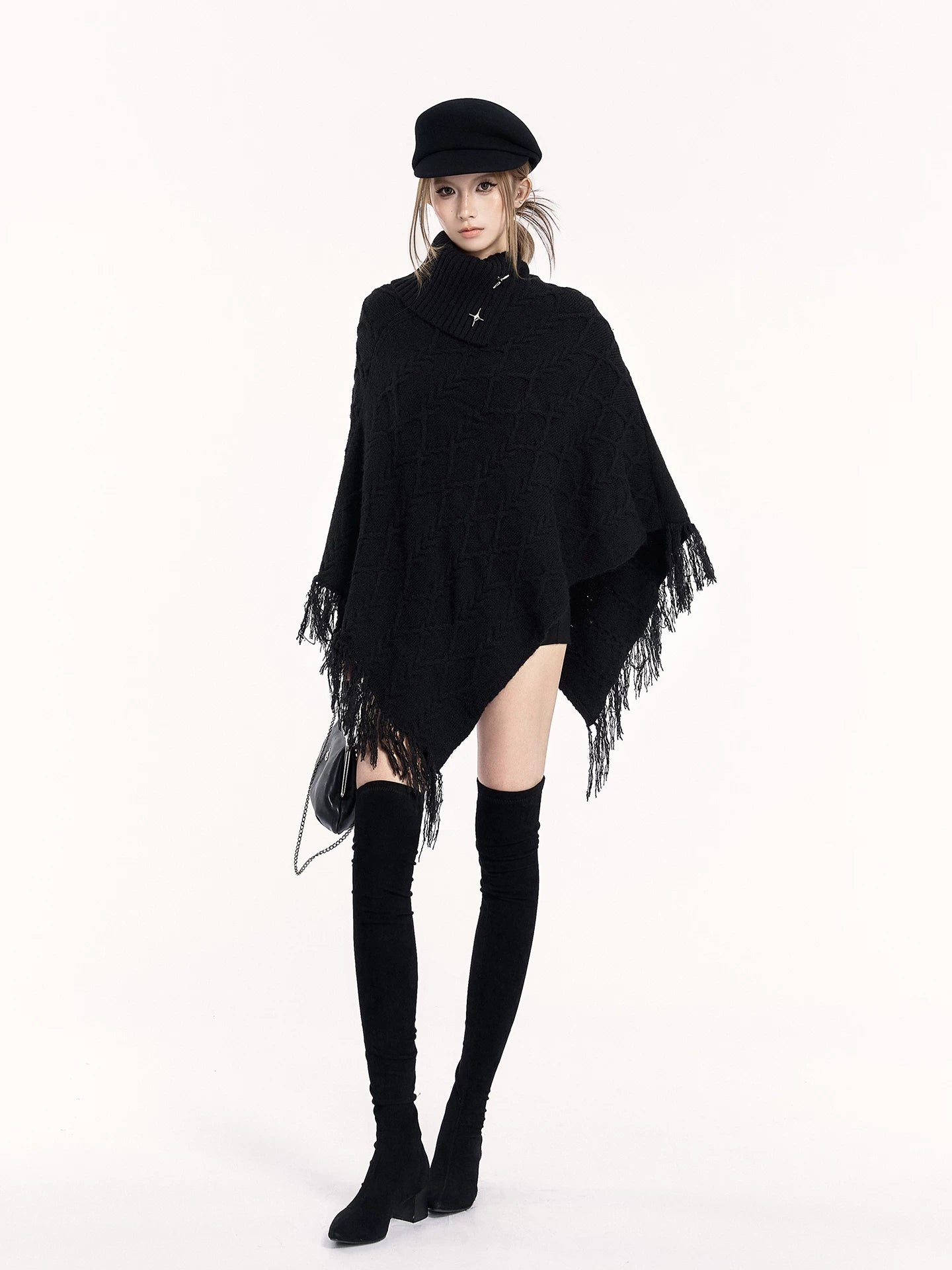 Asymmetric Knit Cape Turtleneck Sweater