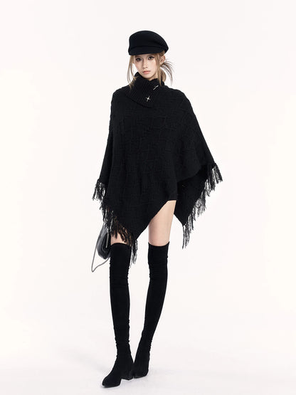 Asymmetric Knit Cape Turtleneck Sweater