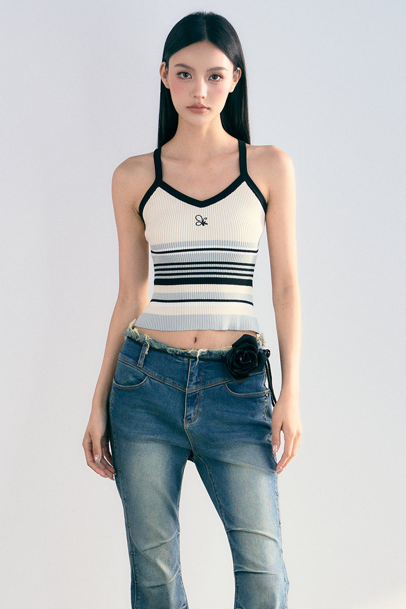 Striped Halter Knitted Tank Top - CHINASQUAD