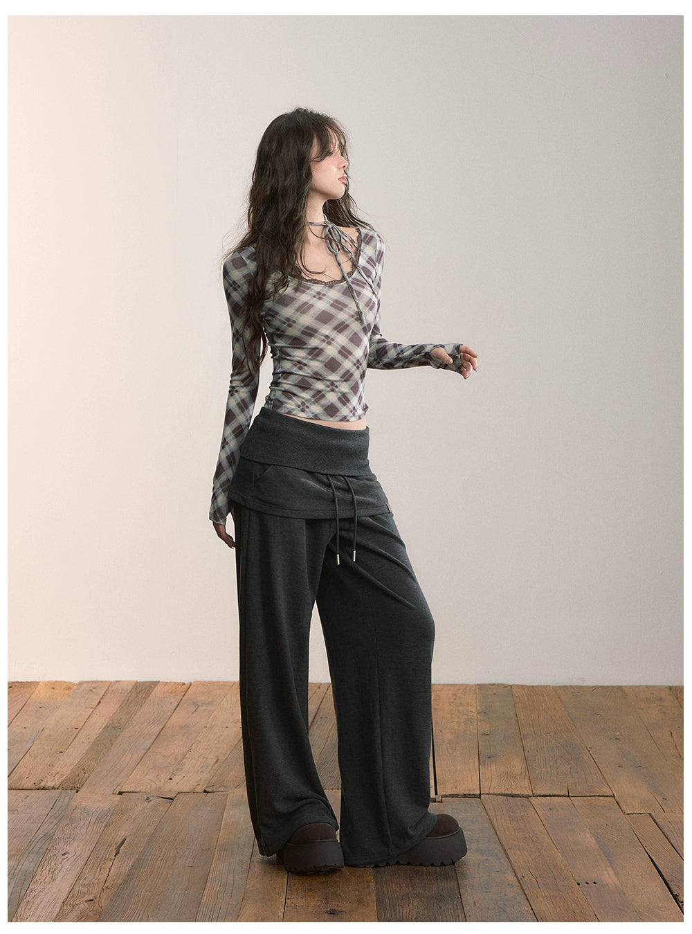 Folded Waist Skirt-Hem Wide-Leg Sweatpants