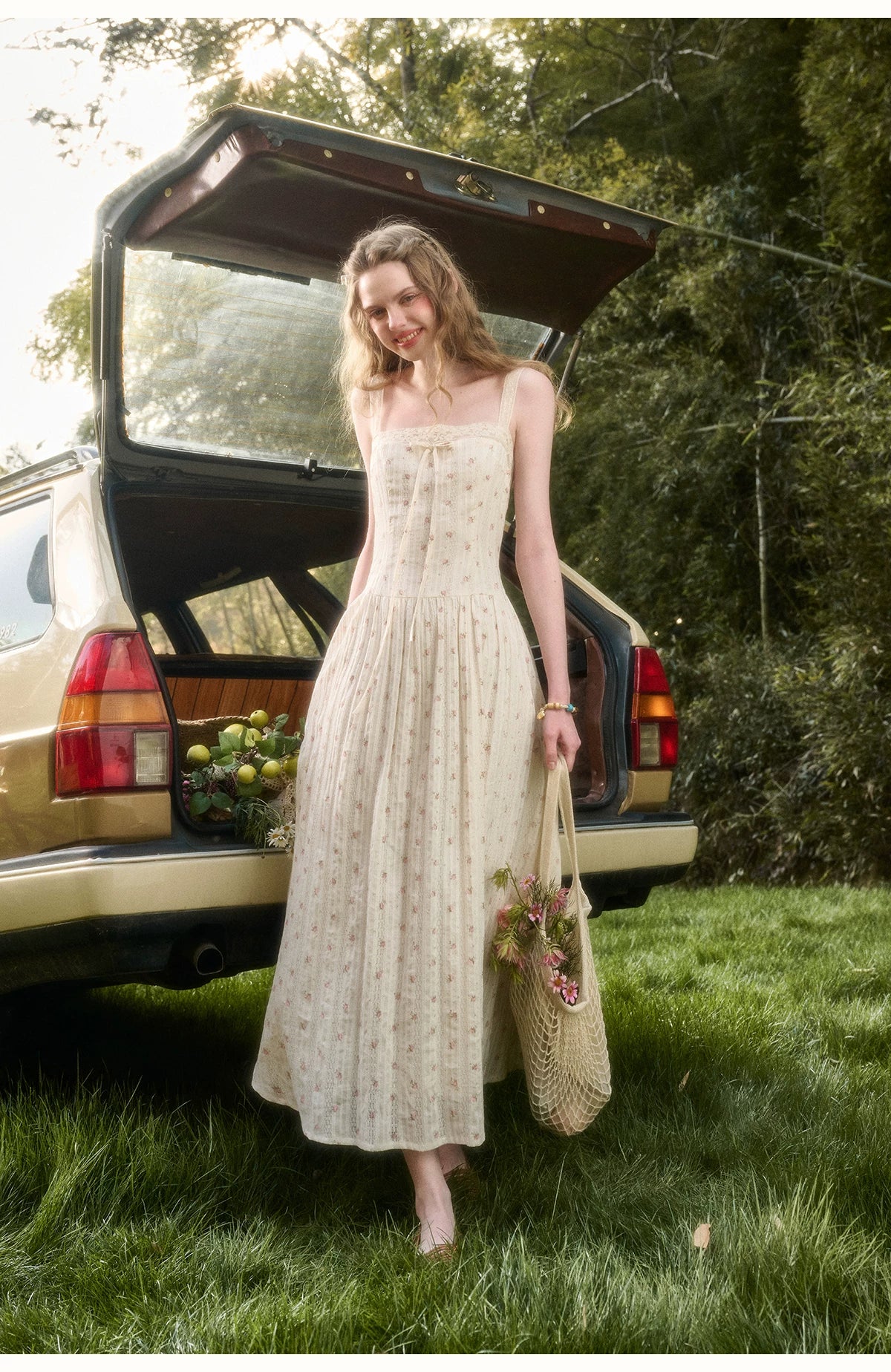Vintage French Lace Cotton Floral Maxi Dress