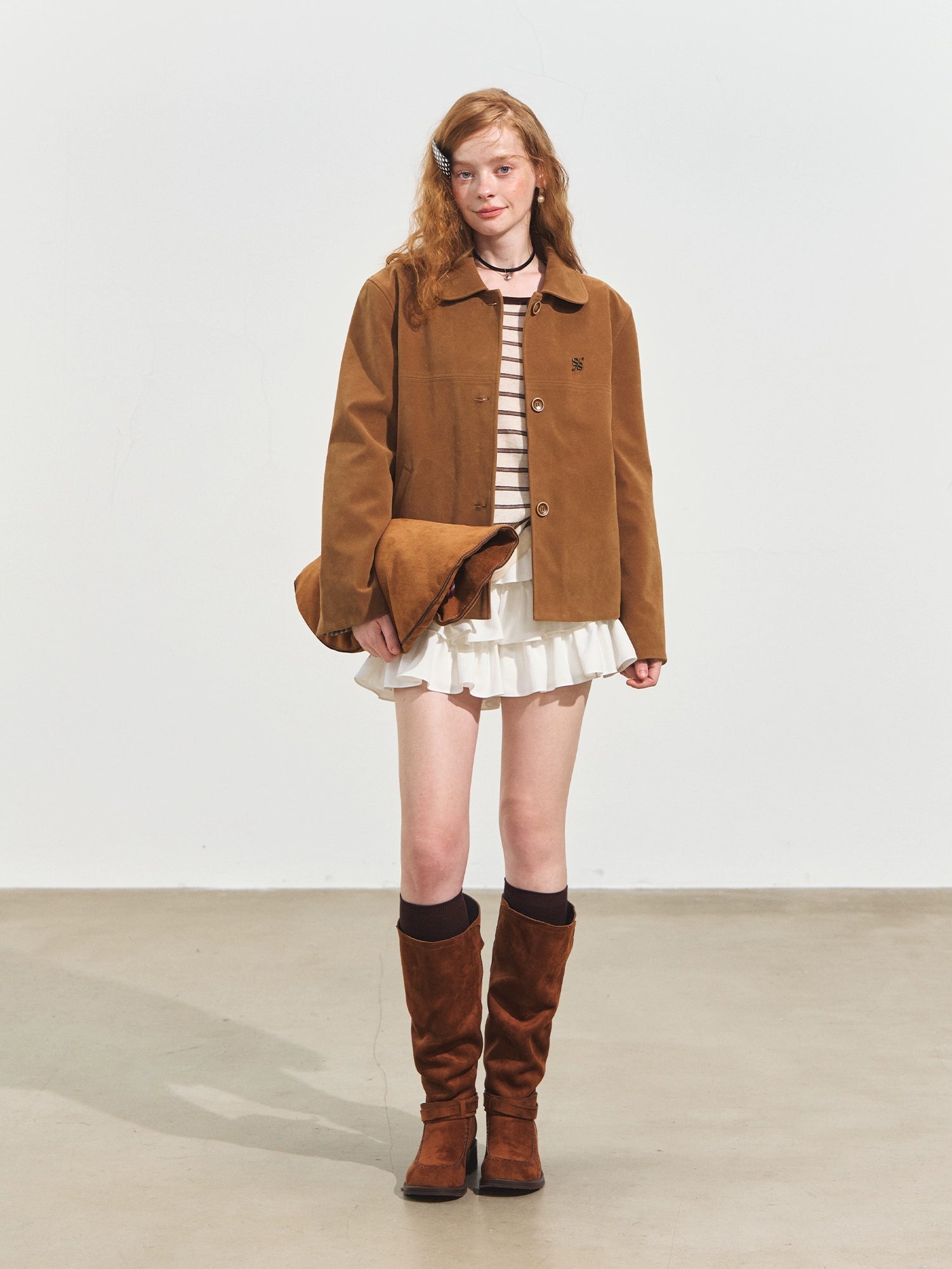 Velvet-Textured Peter Pan Collar Leather Jacket