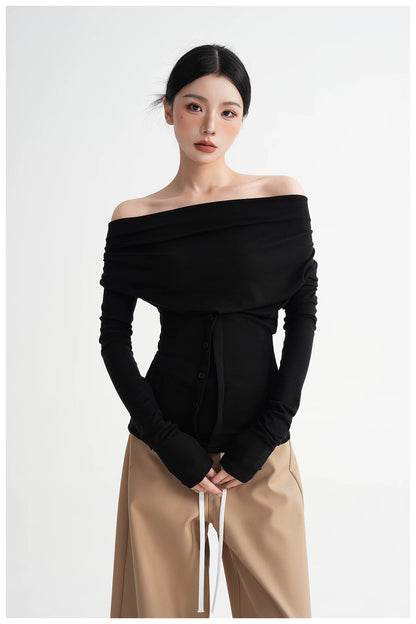 Neck Off-Shoulder Fitted Long Sleeve T-Shirt