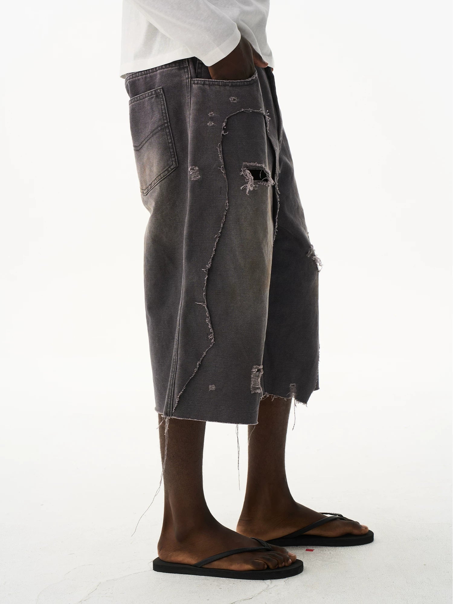 Distressed Double-Layer Washed Grey Shorts