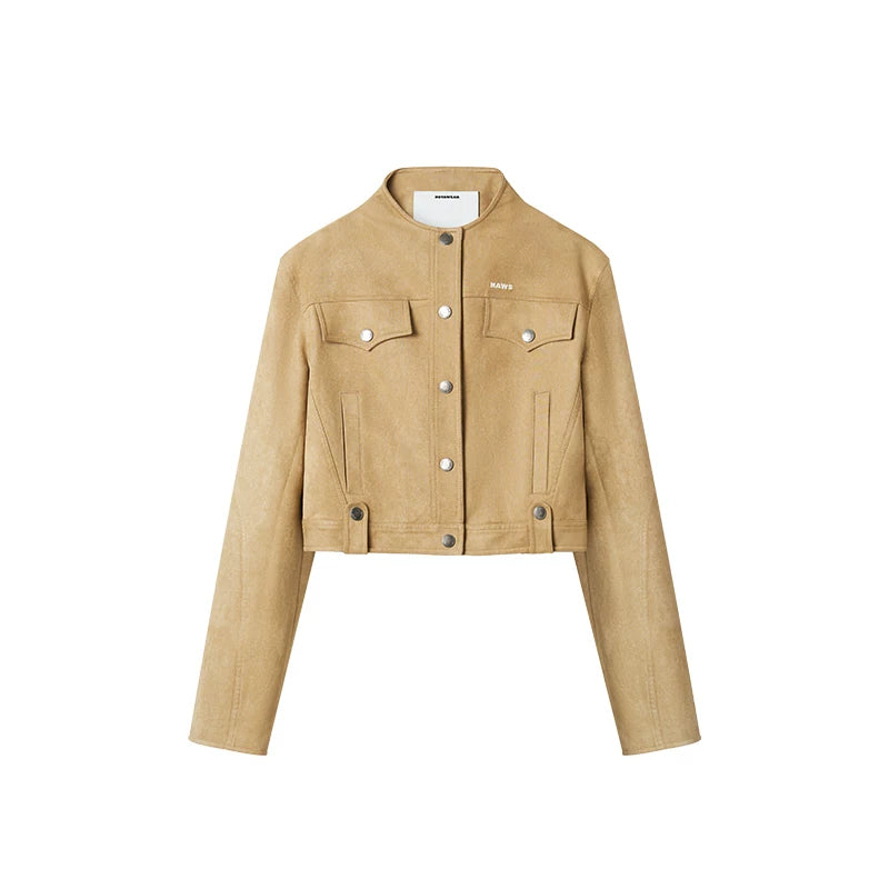 Soft Faux Suede Stand-Collar Cropped Jacket