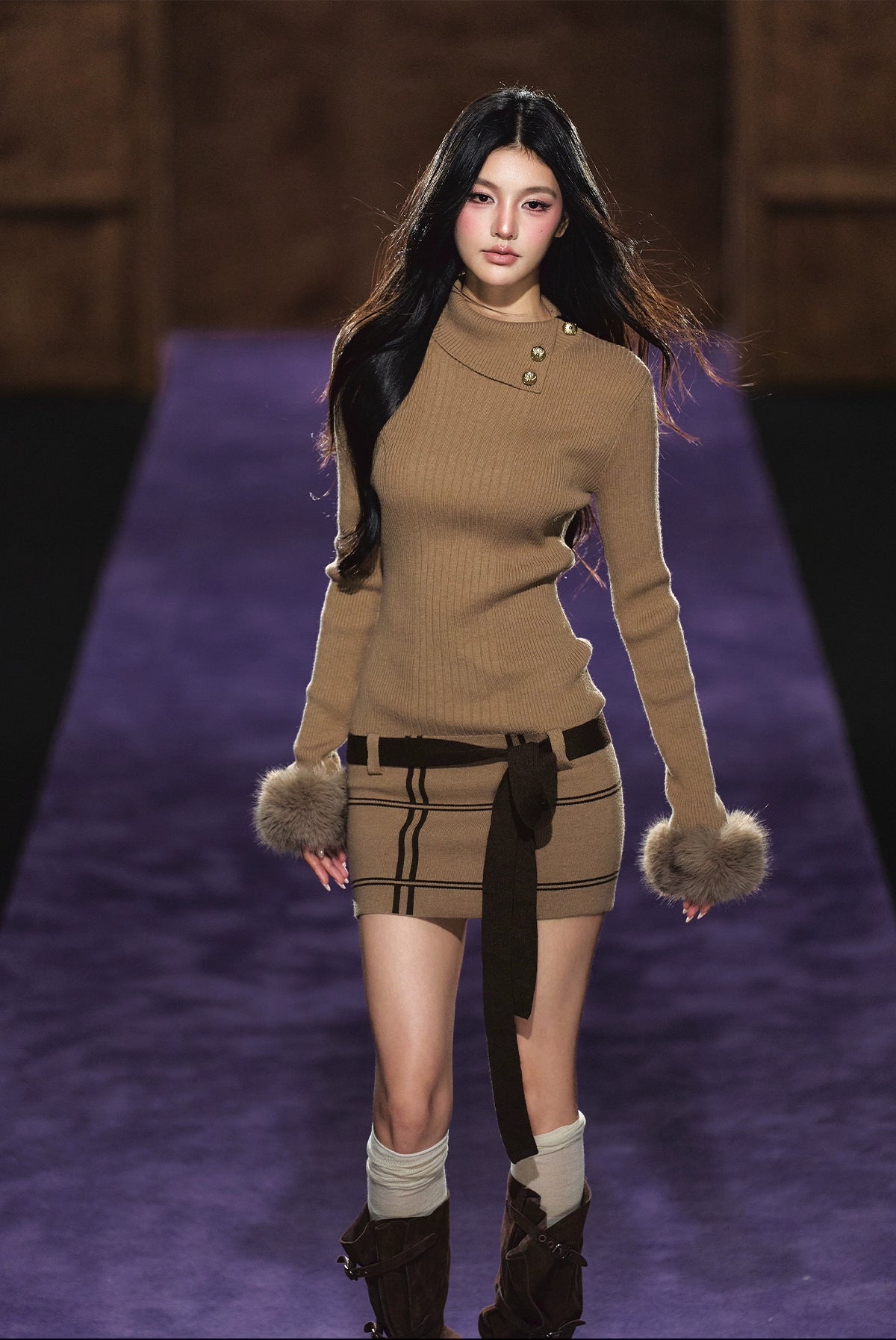 Faux Fur Cuff High-Neck Knit Dress